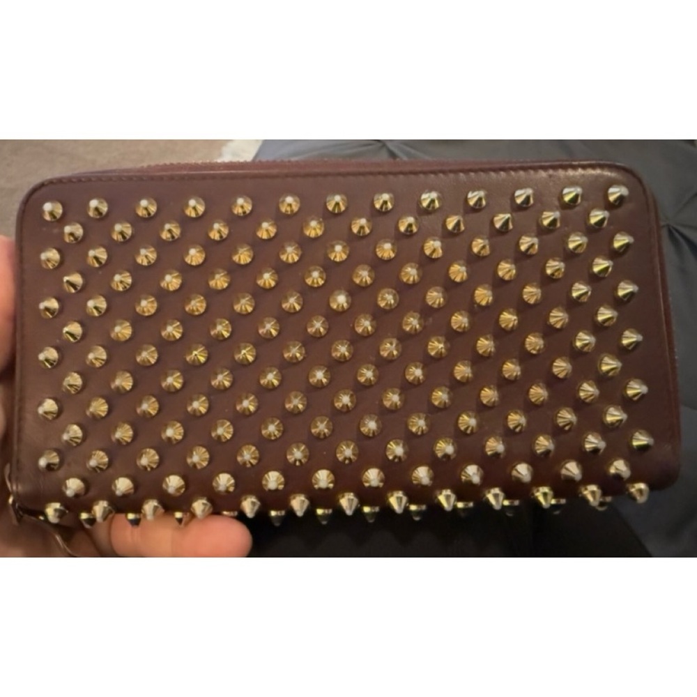 LOUBOUTIN Panettone Stud Long Zip Around Wallet Leather Burgundy